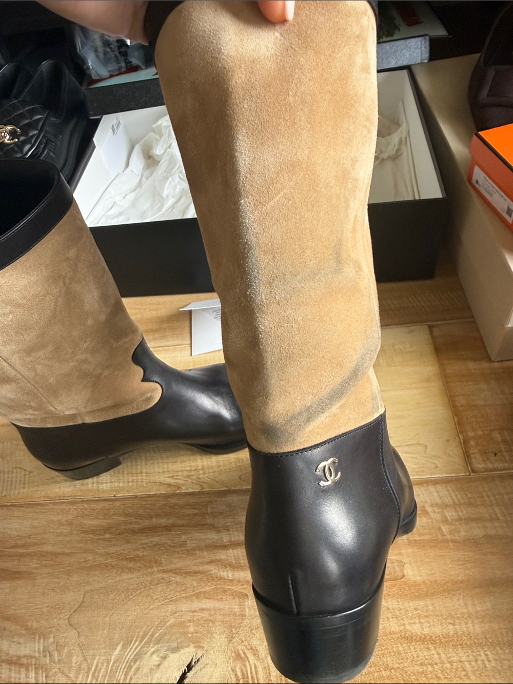 CHANEL Two-Tone Black Leather and Beige Suede Mid-Calf Lace-Up Boots - Picture 6 of 14
